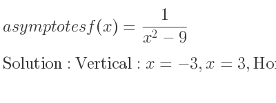 The asymptotes of f(x)= 1/(x^2-9) is Vertical: x=-3,x=3,Horizontal: y=0